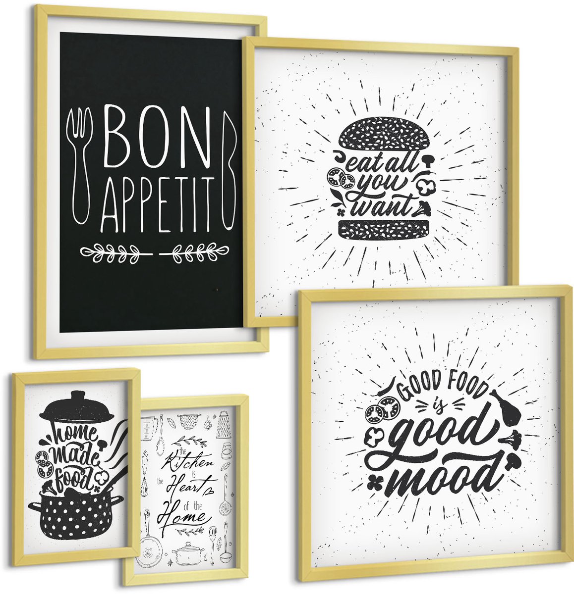 Coloray 5-Delige Schilderij Set - Keukeninspiratie Met Slogans Over Eten En Koken - 50 x 50 cm, 20 x 30 cm En 40 x 60 cm - Wanddecoratie - Schilderijen Set - Interieur - Woonkamer Decoratie