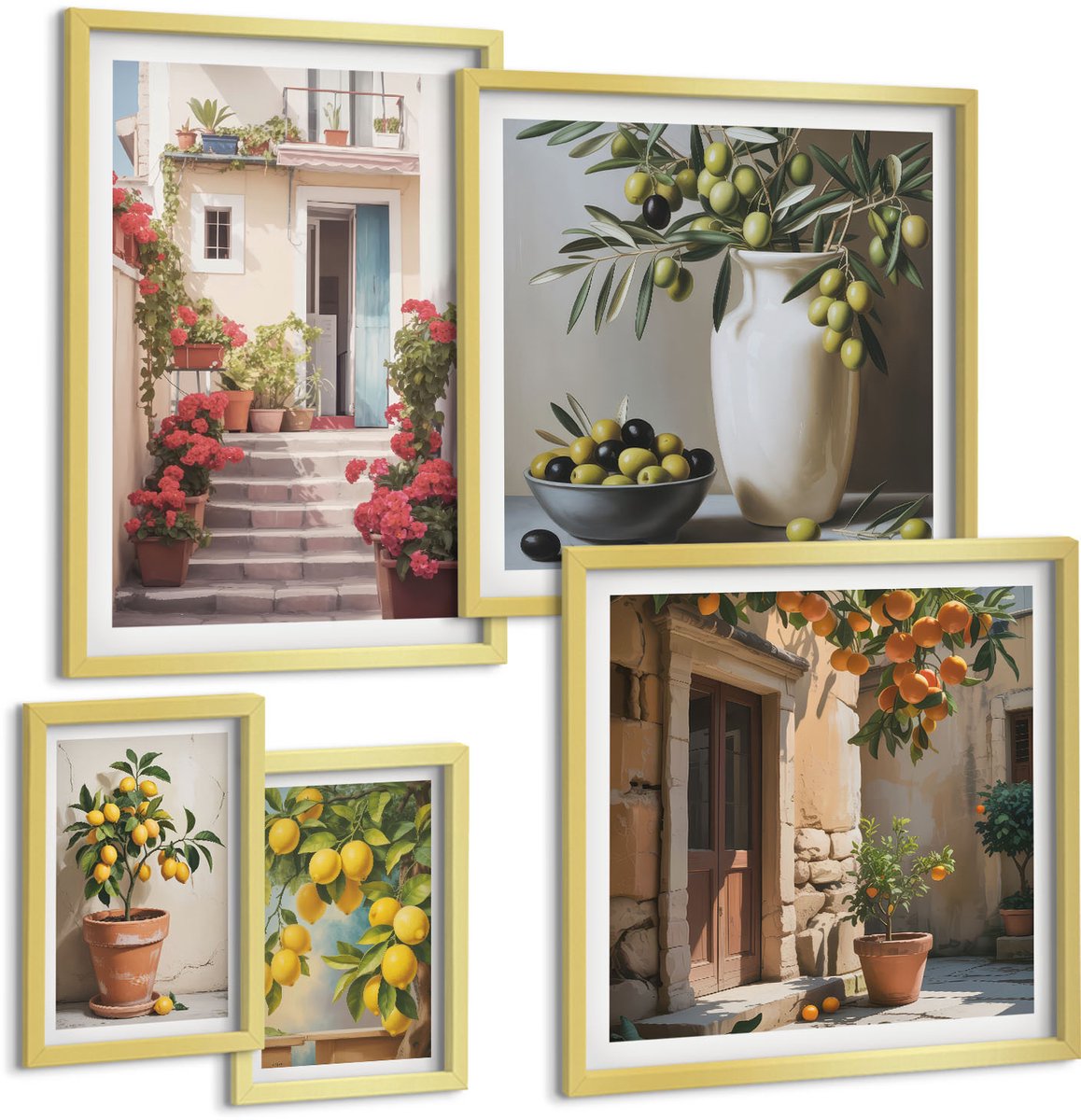 Coloray 5-Delige Schilderij Set - Sfeervolle Beelden Van Mediterrane Straten Met Citroenen - 50 x 50 cm, 20 x 30 cm En 40 x 60 cm - Moderne Wanddecoratie - Woonkamer - Woonkamer Decoratie