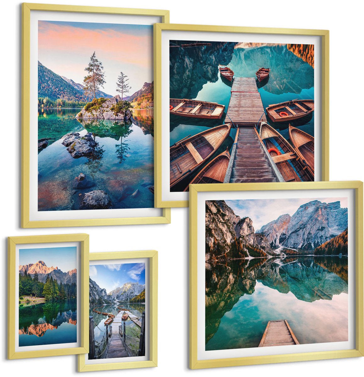 Coloray 5-Delige Schilderij Set - Berglandschappen Met Meren En Schilderachtige Uitzichten - 50 x 50 cm, 20 x 30 cm En 40 x 60 cm - Moderne Wanddecoratie - Slaapkamer - Muurdecoratie