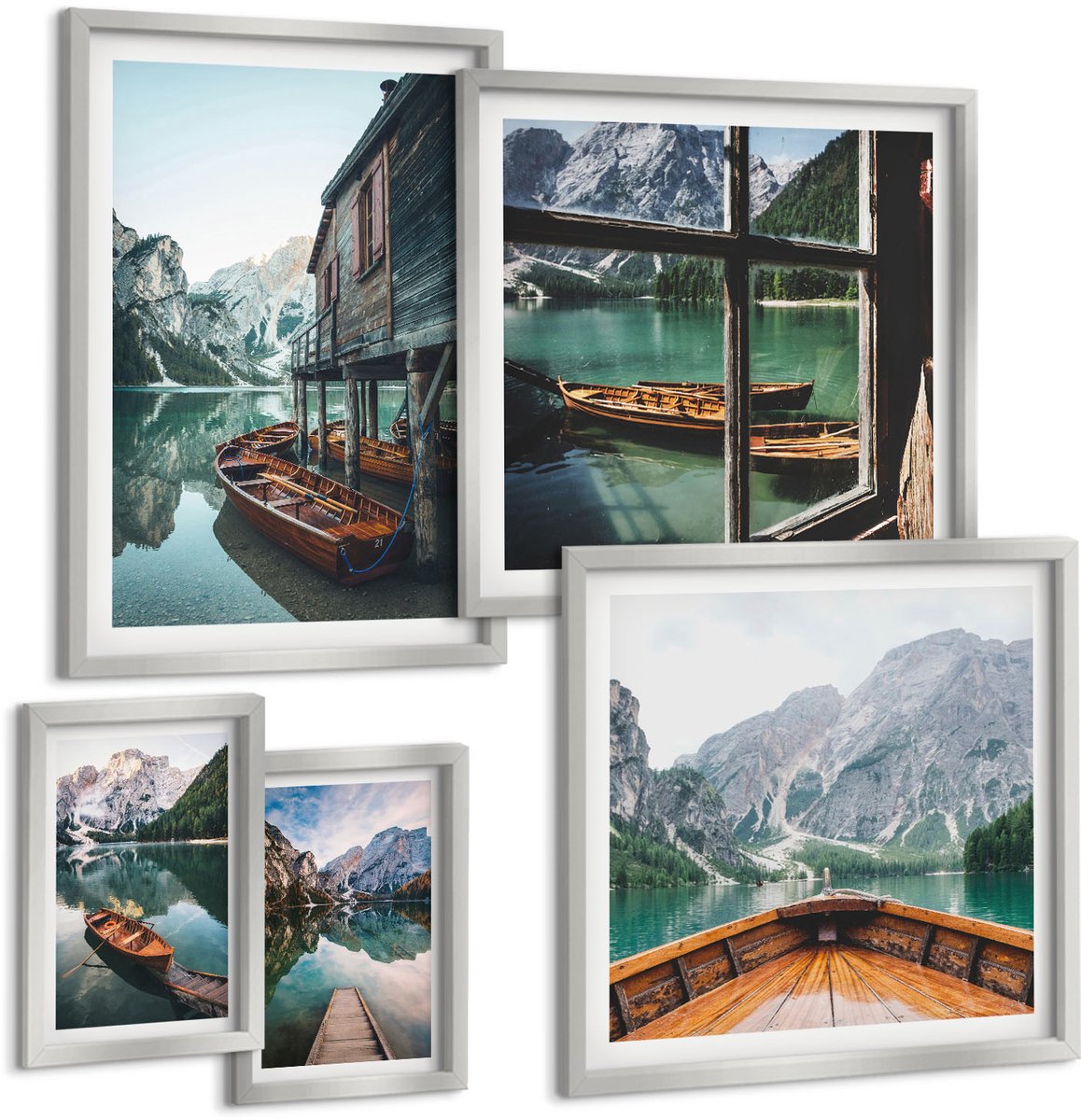 Coloray 5-Delige Schilderij Set - Uitzicht Op Een Bergmeer Met Boten En Een Huis Aan Het Water. - 20 x 30 cm - Muurdecoratie - Decoratieve Schilderijen - Wohnzimmer - Woonkamer Decoratie
