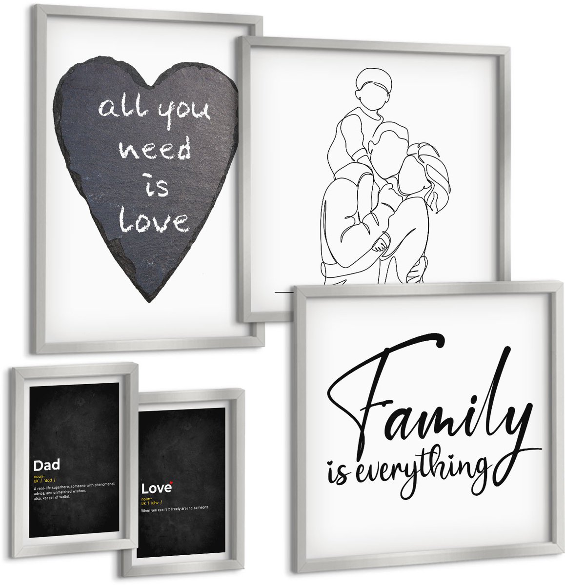 Coloray 5-Delige Schilderij Set - Familielijnkunst Met Definities Van Liefde En Vaderschap. - 20 x 30 cm - Decoratieve Schilderijen - Woonkamer - Interieur - Stijlvolle Muurdecoratie