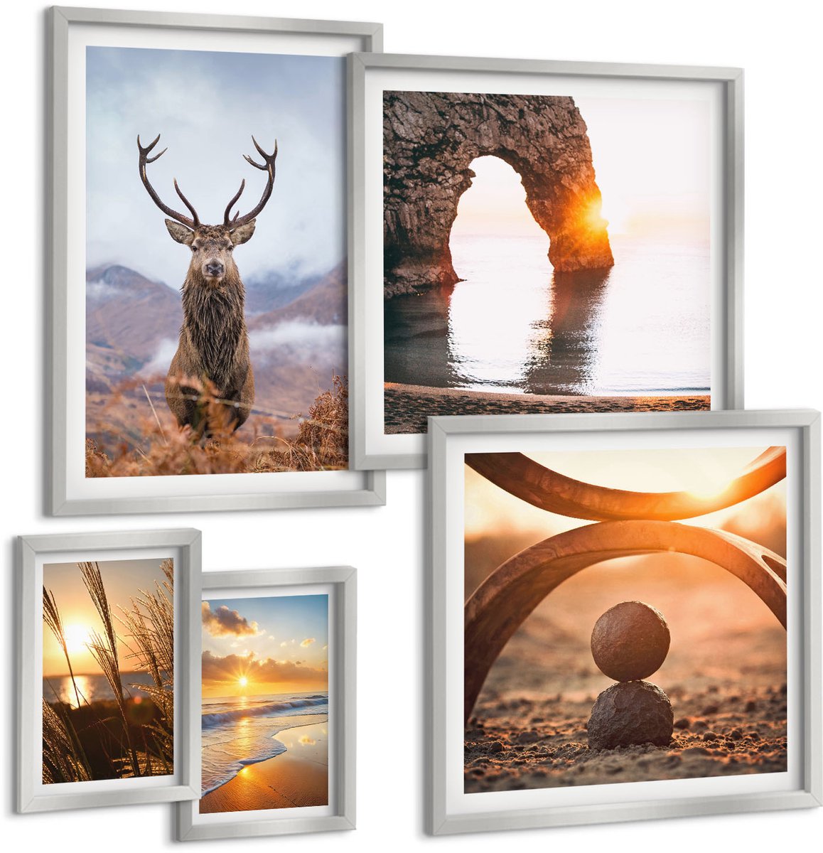 Coloray 5-Delige Schilderij Set - Tijgerwitte Bladeren En Een Waterval In Een Natuurlijke Omgeving - 20 x 30 cm - Decoratieve Schilderijen - Woonkamer - Interieur - Wanddecoratie