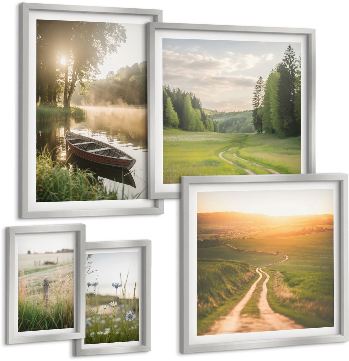Coloray 5-Delige Schilderij Set - Landschap Met Een Weide, Een Weg En Een Zonsondergang. - 20 x 30 cm - Wanddecoratie - Muurdecoratie - Moderne Interieurdecoratie