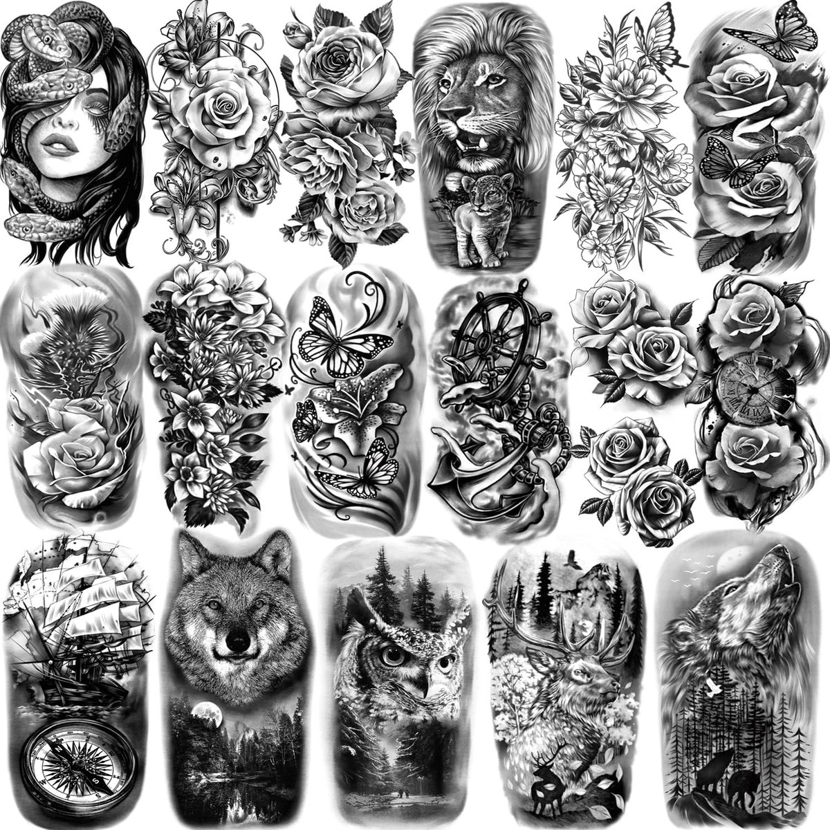 Tijdelijke Tatoeages voor Mannen Vrouwen en Kinderen, Halve Arm Leeuw Wolf Eland Slang Vlinder Roos Realistische Nep Tatoeages Stickers Waterdicht voor Volwassenen Lichaam Arm Nek Hand
