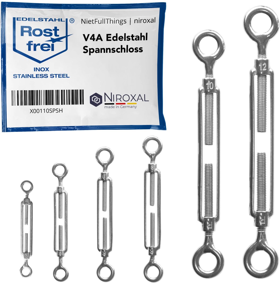 RVS spanschroef oog-oog – 10 mm – 2 stuk – V4A (A4) – kabelspanner/draadspanner – roestvrij - ShopVlot