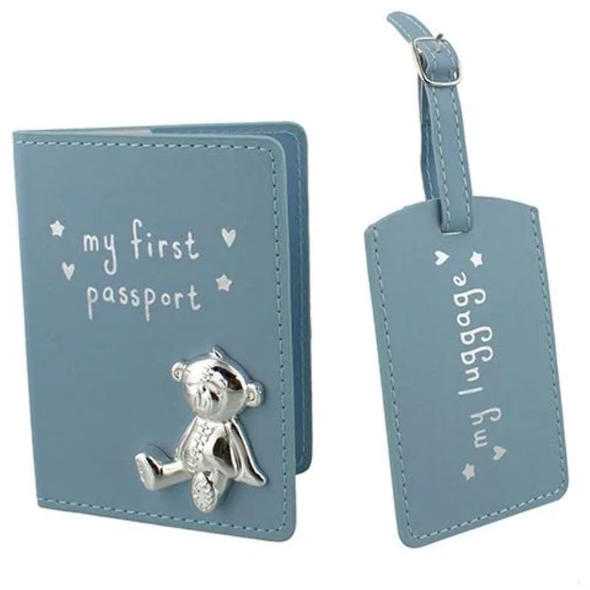 Button Corner PU My First Passport & My Luggage Tag Set with Metal Teddy icon Blue CG988B, 200 g - ShopVlot