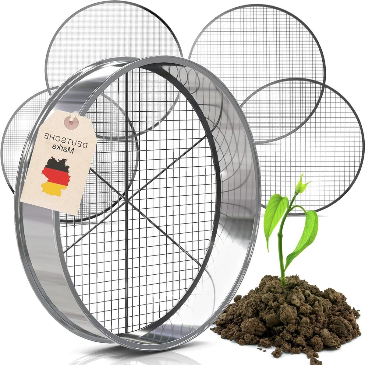 Compost Zeef - Tuin Zeef - Aarde Ziften - Inclusief 5 Inzetstukken - 37 cm Diameter - Zilverkleurig