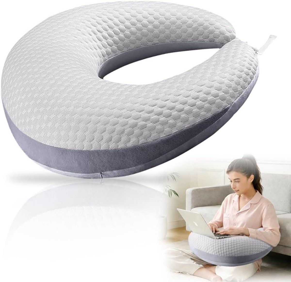 Ergonomisch Kussen - Leeskussen Armsteun - Comfortabel Lezen - U-vorm Ontwerp - Medium Formaat - Zilver Grijs