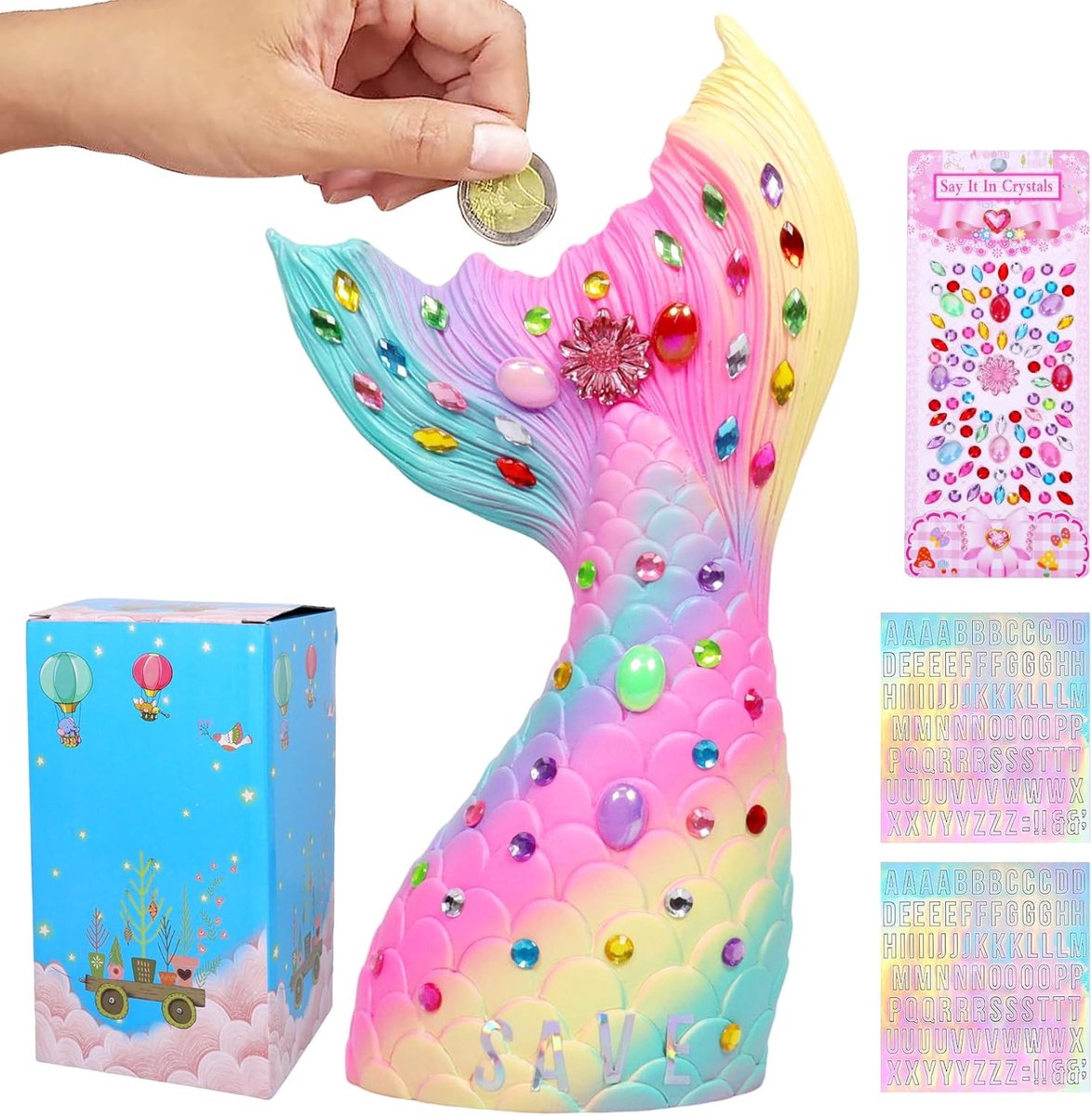 Spaarpot in de vorm van een zeemeermin, grappig voor meisjes, met doe-het-zelfstickers, herbruikbaar, helpt kinderen - ShopVlot