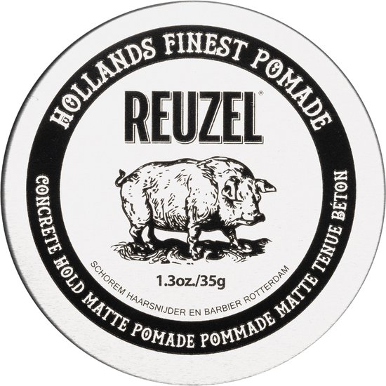 Rond Reuzel Concrete Hold Matte Pomade blikje met varkenslogo, 35g.