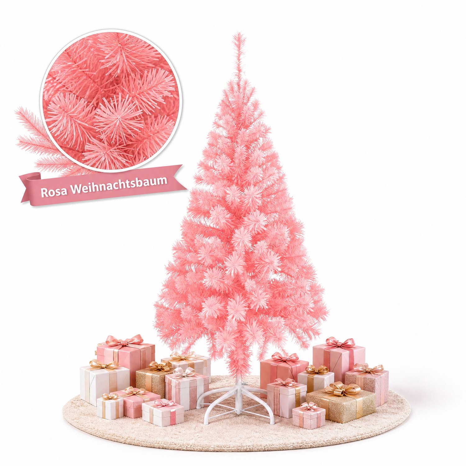 Froadp 180CM Roze kunstkerstboom, vlamvertragend pvc, natuurlijk ogende naalden, stevige standaard van roestvrij staal/kunststof, herbruikbaar, eenvoudig te monteren; geschikt voor woonkamers, etalages en bedrijfspanden.