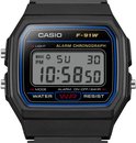 Montre numérique Casio F-91W avec cadre noir, accents bleus et écran LCD.