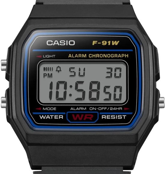 Montre numérique Casio F-91W avec cadre noir, accents bleus et écran LCD.
