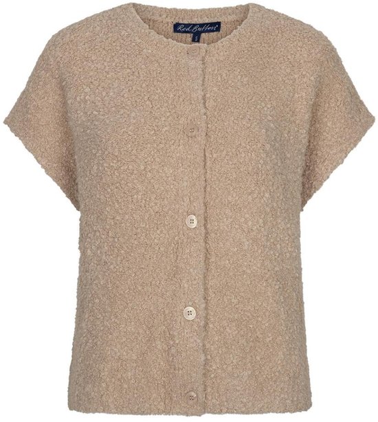 Beige Red Button mouwloos bouclé vest met ronde hals en knoopsluiting aan de voorzijde.