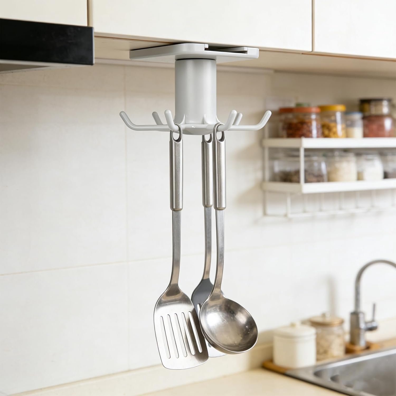 Grijze haak voor keukengerei (montage onder kastje), 360° draaibare ophanghaak voor keuken en badkamer – geschikt voor keukengerei, handdoeken, messen en opscheplepels