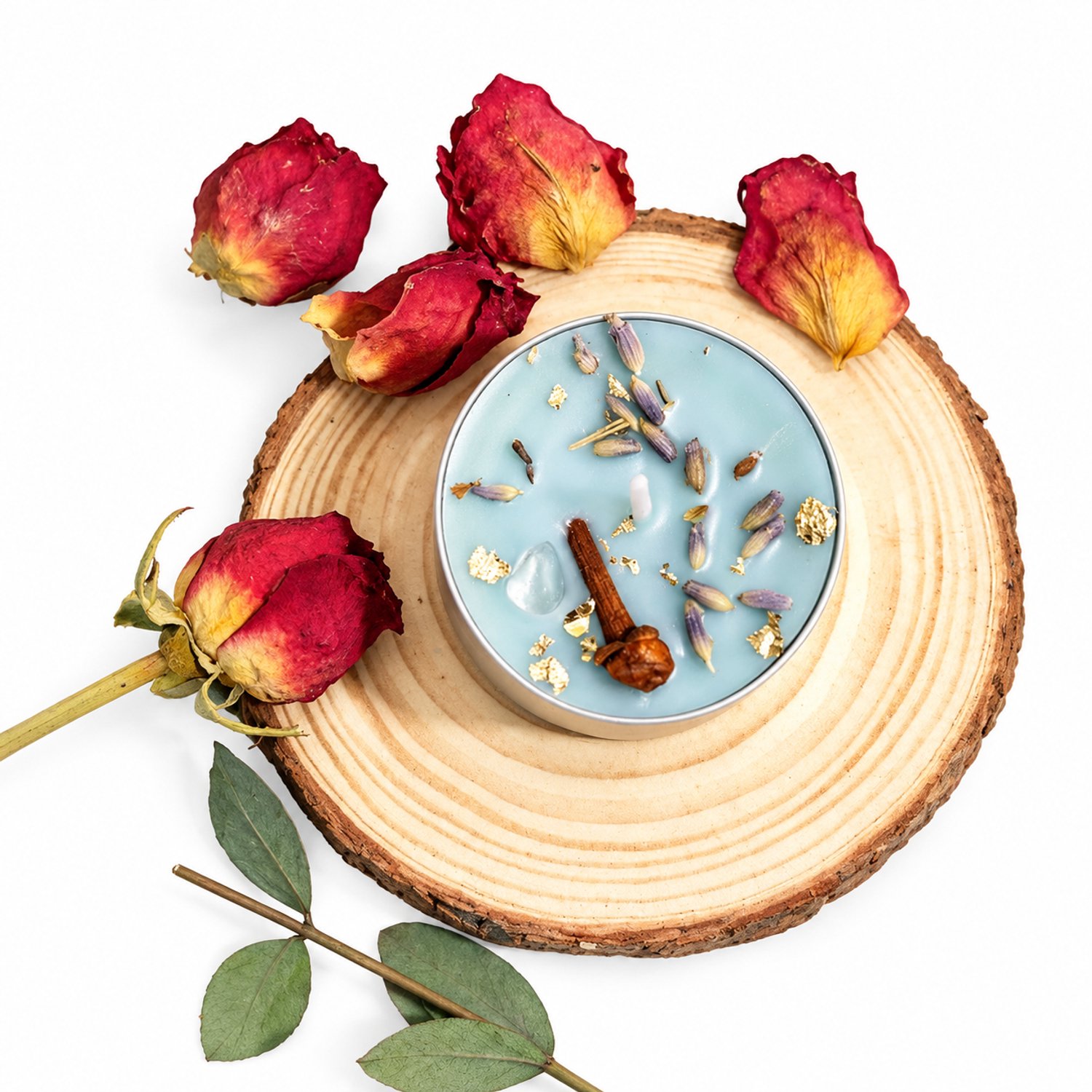 Geurtheelicht Diepzeemonoloog, 8-uursvariant, sojawas met gedroogde bloemen, katoenen lont en aluminium cup