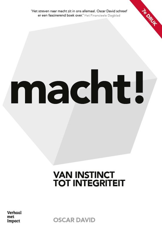 Boekomslag Macht! door Oscar David. Witte achtergrond, tekst in zwarte hoofdletters, 7e druk label.
