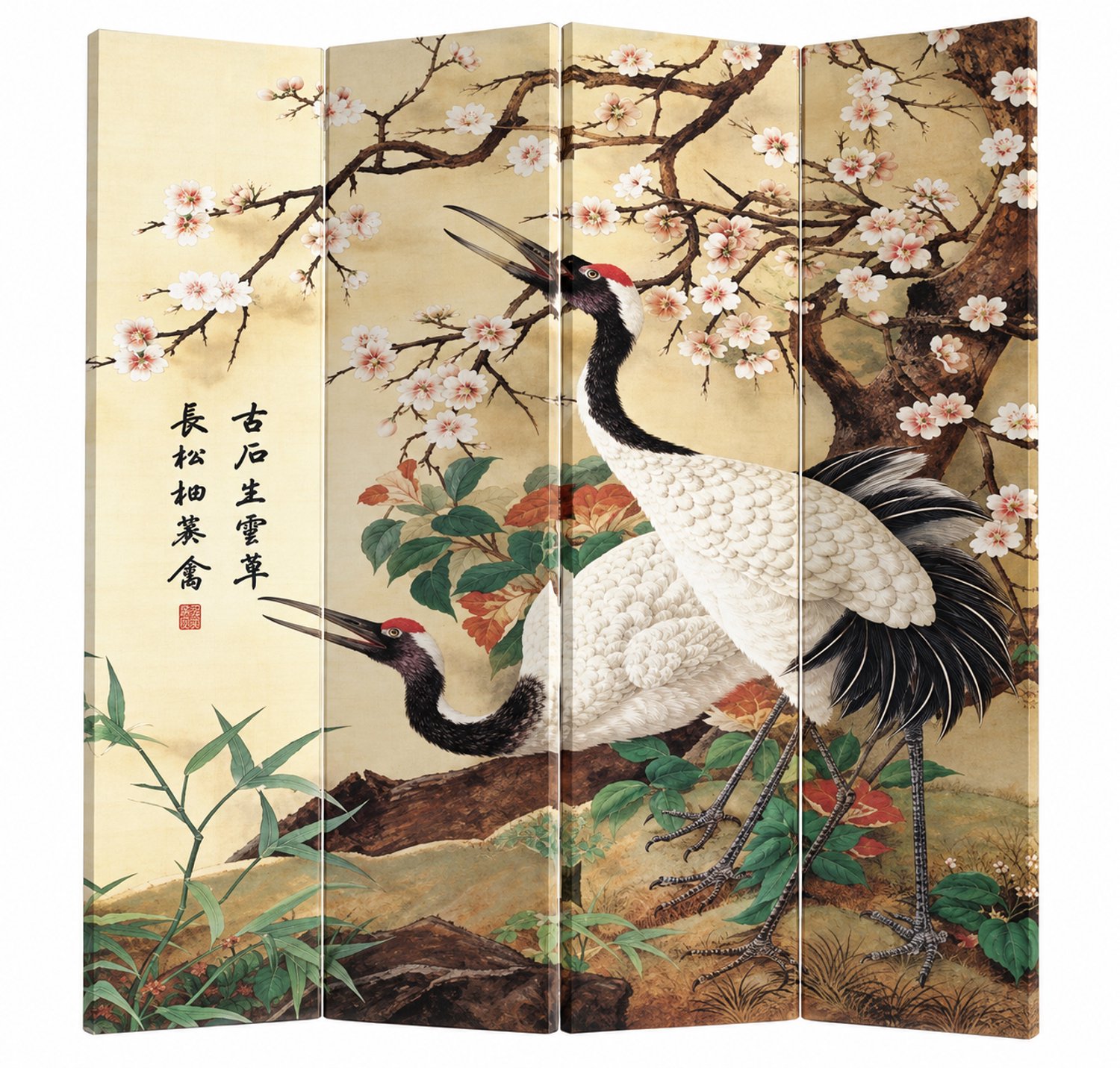 Fine Asianliving Chinees Kamerscherm Oosters Scheidingswand B160xH180cm 4 Panelen Kraanvogels Multicolour, Naturel