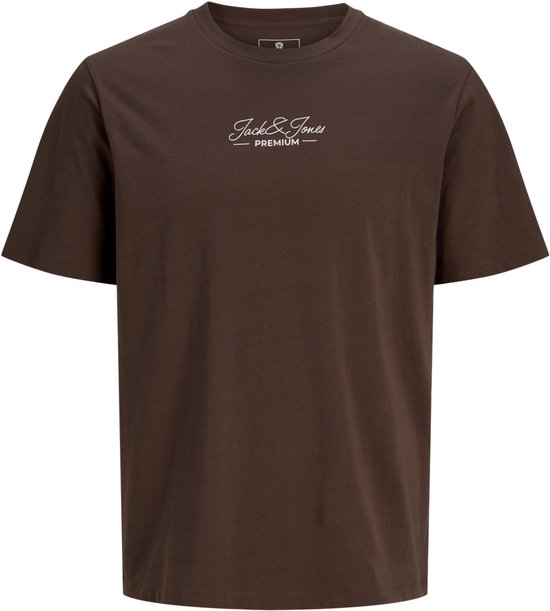 Bruin T-shirt met korte mouwen en een ronde hals, voorzien van een wit 'Jack & Jones PREMIUM'-logo op de borst.