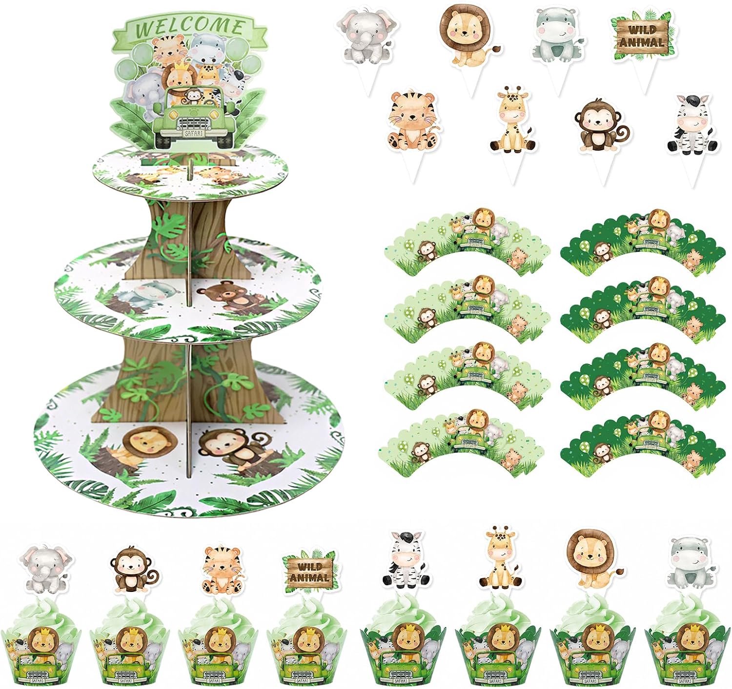 Cupcake-stand met 32 dieren toppers
