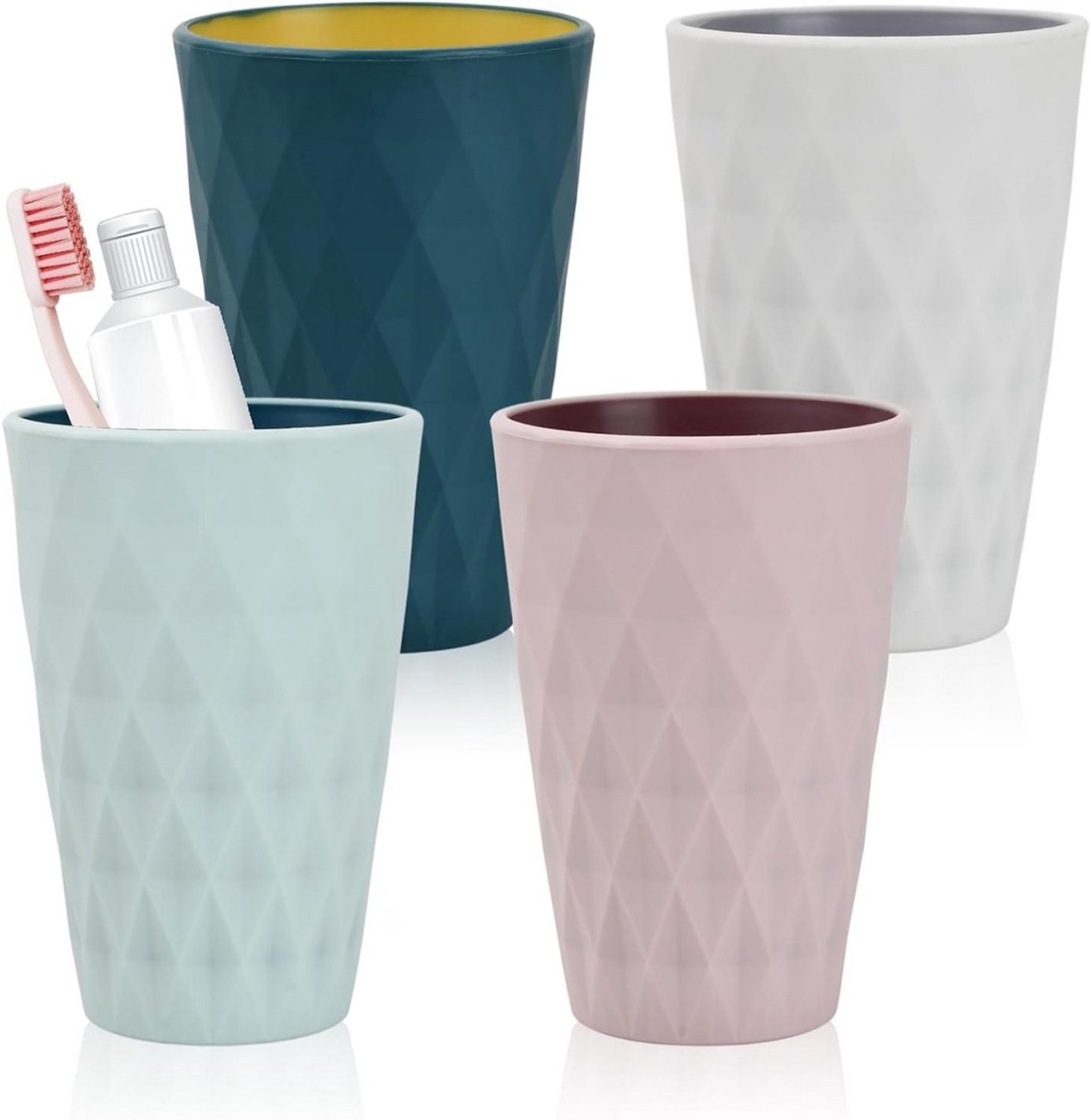 SSTRWGOOD Tandenborstel- en spoelbeker – 4-delige set – Duurzaam, onbreekbaar kunststof – Minimalistische spoelbeker – Multifunctionele badkamerbeker – Scandinavische minimalistische stijl – Geschikt voor thuis, op reis en op de camping