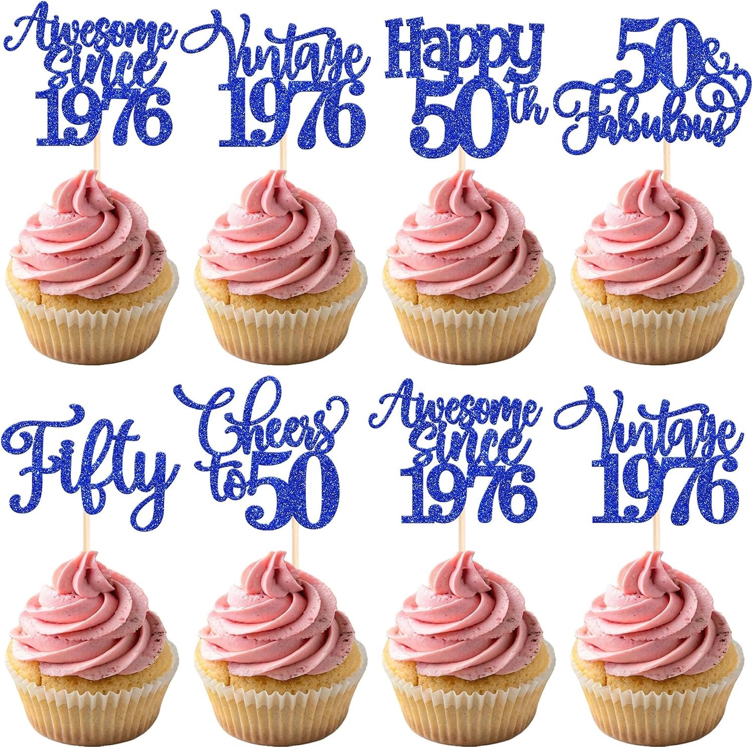 30 stuks vintage taartdecoratie glitter "50 jaar" voor cupcakes en taarten, blauw