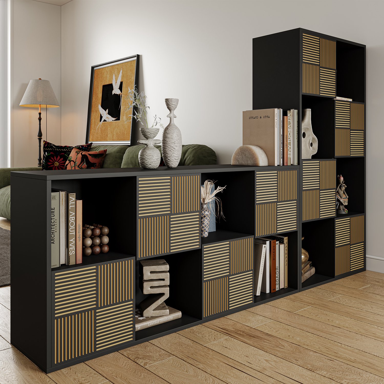 Boekenkast met 8 kubussen opbergunit, Houten opbergkast met geribbelde deuren, 4-laags boekenplank met 4 deuren voor woonkamer, slaapkamer, werkkamer, 90 x 30 x 90 cm, Zwart