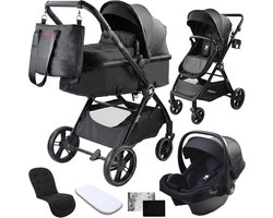 Twinly FABULY 3-in-1 Kinderwagen - Inclusief i-Size Autostoel - Omvormbare Reiswieg & Wandelwagen - Zwart