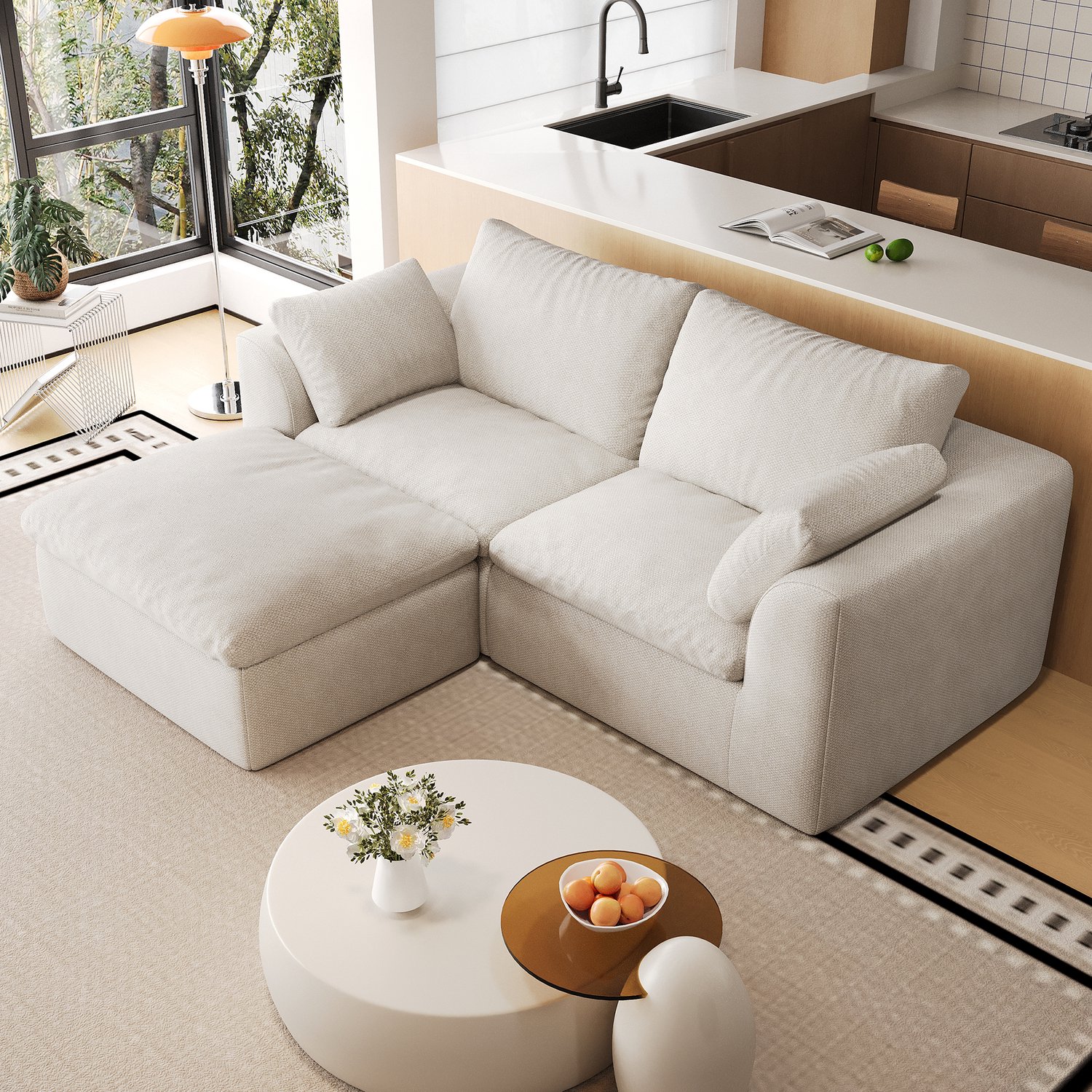 FloraGrace Hoekbank 180 x 155 x 83 cm - L-Vormige 3-Zits met Zachte Schuimvulling - voor de Woonkamer - Linnen - Beige en Wit Beige-wit