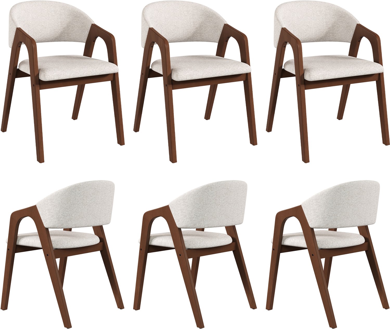 REDOM Set van 6 eetkamerstoelen - Met armleuningen en gestoffeerde zitting - Walnootbruin/beige Walnootkleur en havermoutbeige