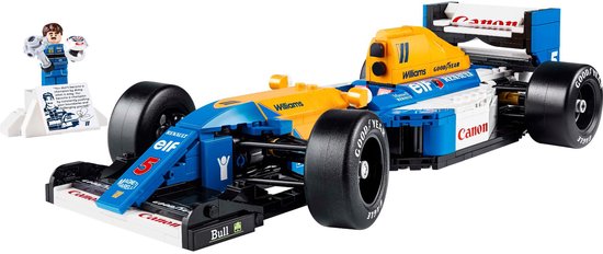 Lego Williams Formule 1 raceauto in blauw, geel en wit, met Nigel Mansell minifiguur.