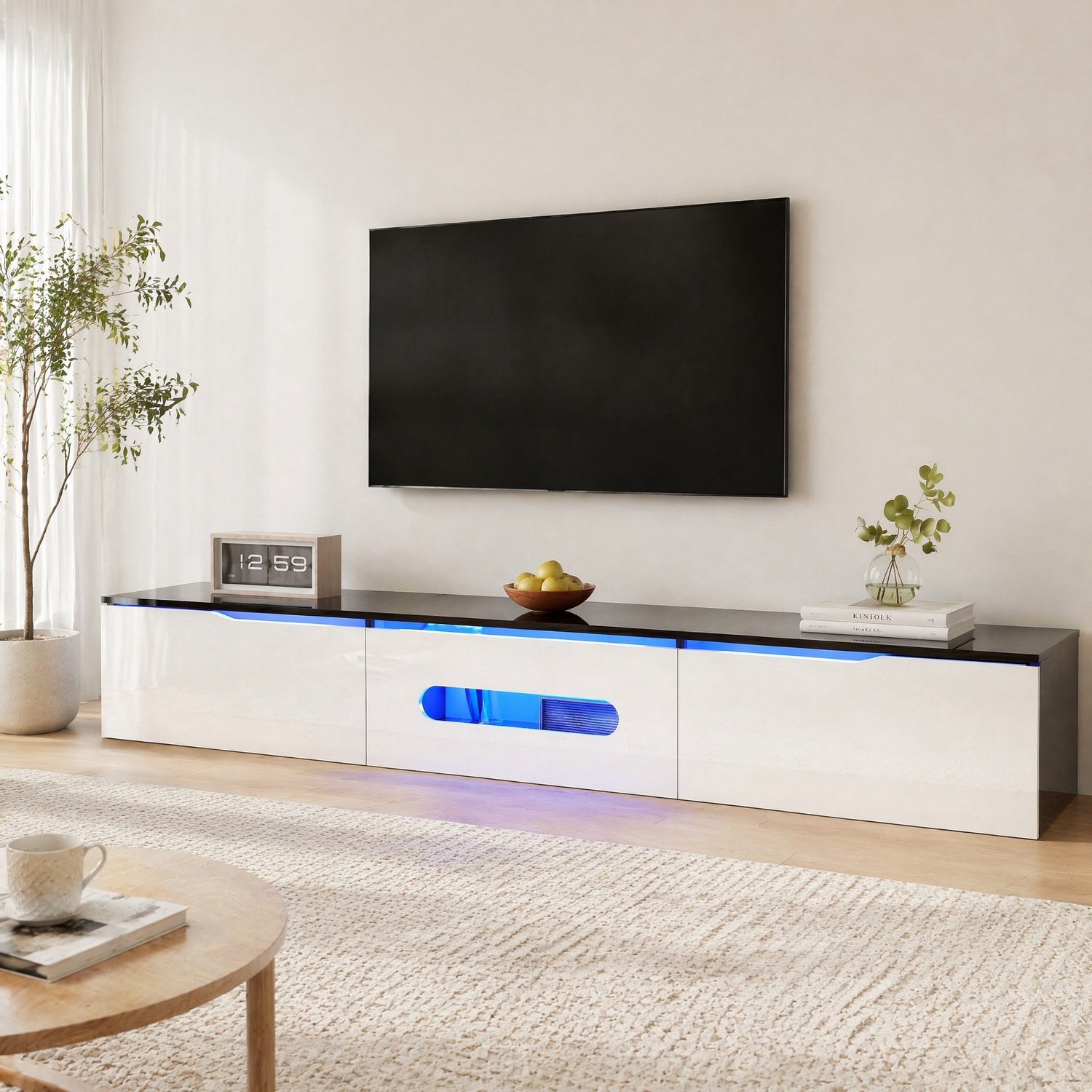 MEUNIQ tv-meubel 180 cm zwart-wit met hoogglans afwerking, 16-kleuren ledverlichting met appbediening, 3 deuren en kabelopeningen, staand of aan de wand