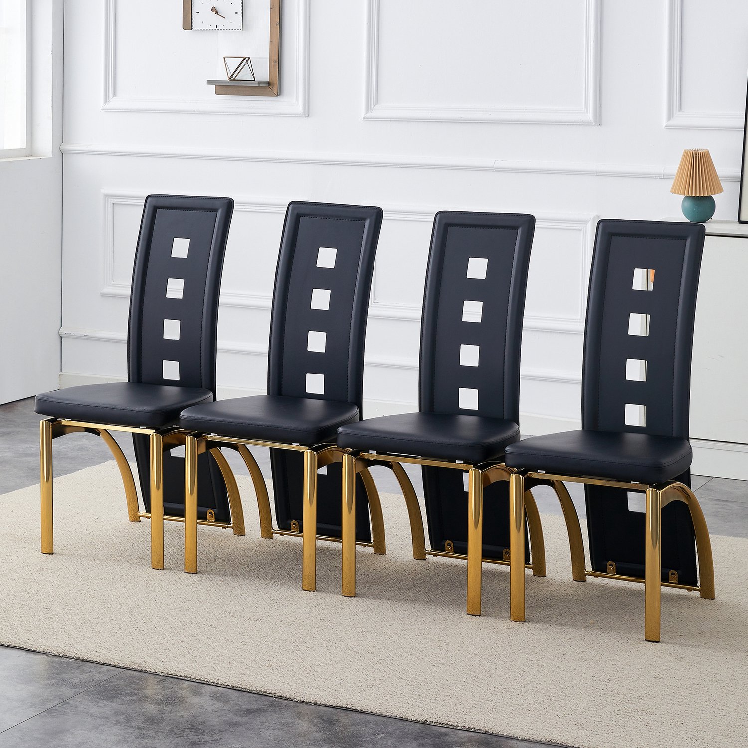 HAUSS SPOLE Eetkamerstoelen - Geometrische Open Rugleuning - Gewatteerde Zitting - Voor Eetkamer en Woonkamer - Kunstleer en Metaal - Zwart en Goud