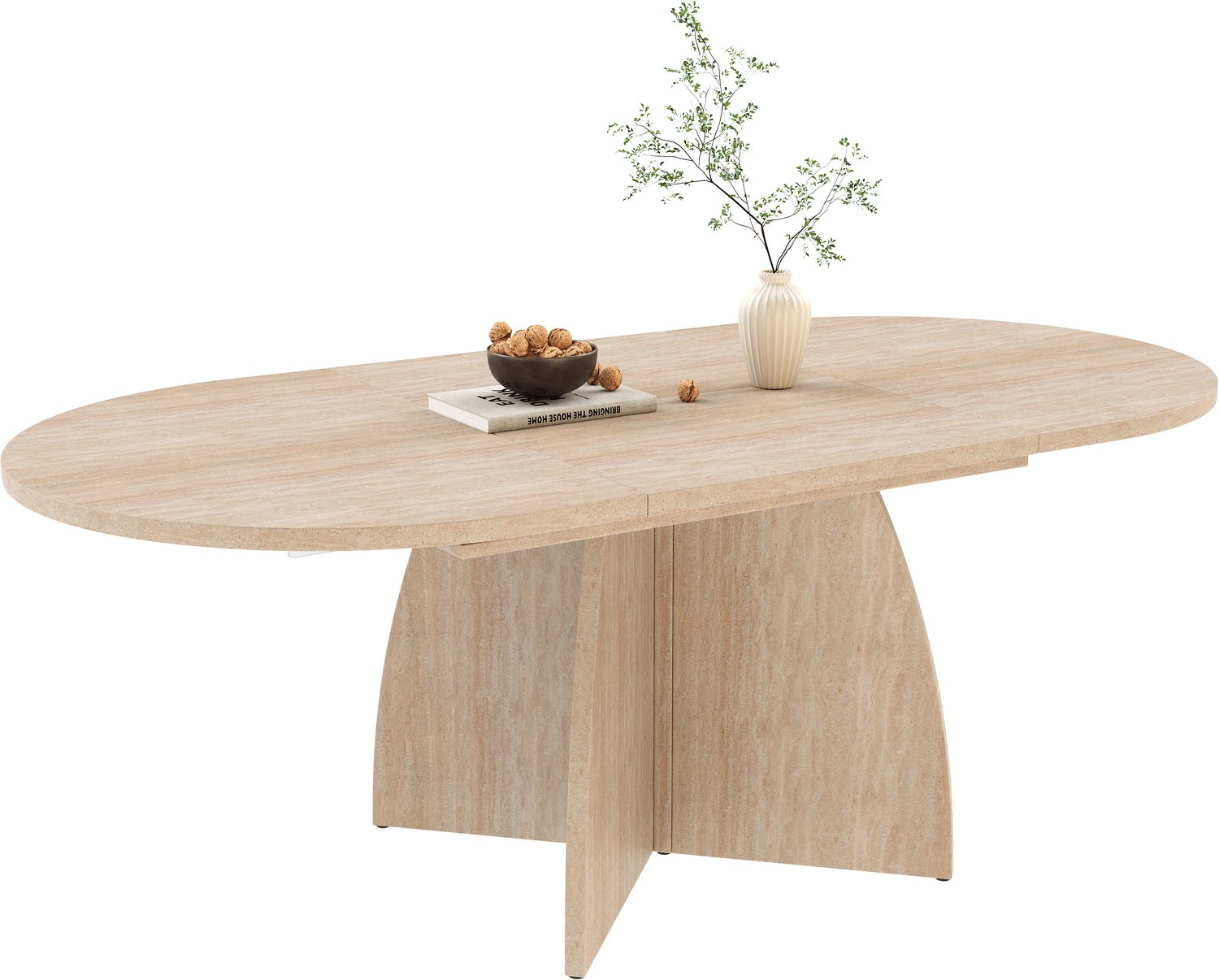REDOM Uitschuifbare eettafel 120-180 x 90 cm - Afgeronde hoeken en travertinlook Lichtbeige travertinlook