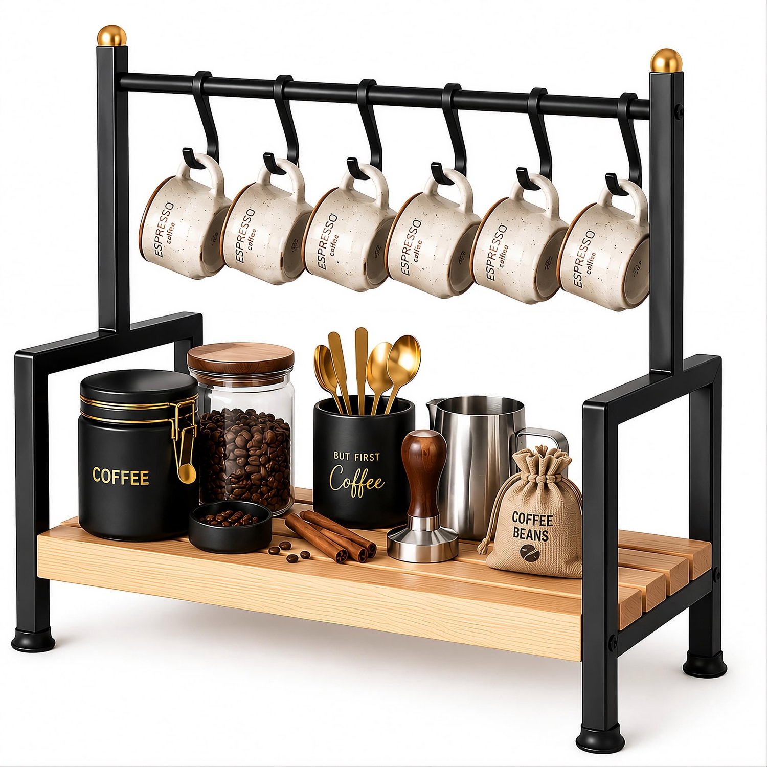 Koffie Organizer met 6 Haken en Houten Plank