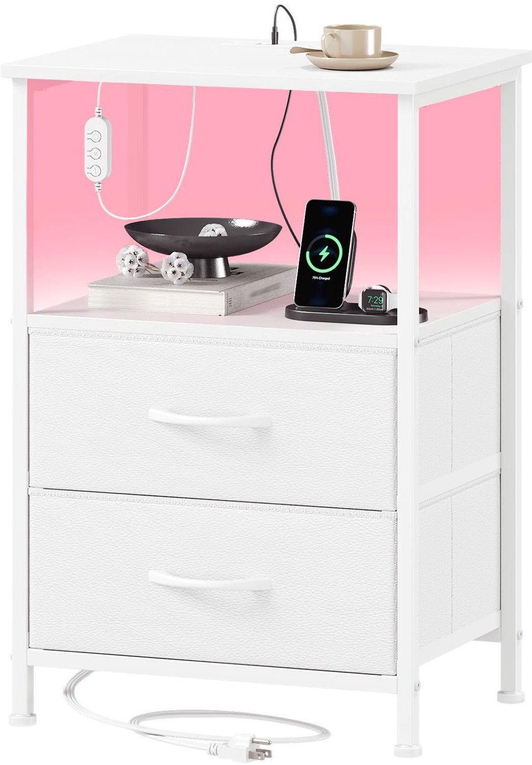 Somdot Nachtkastje met Stoffen Lades en USB Aansluitingen - Modern Bijzettafeltje voor Slaapkamer en Woonkamer
