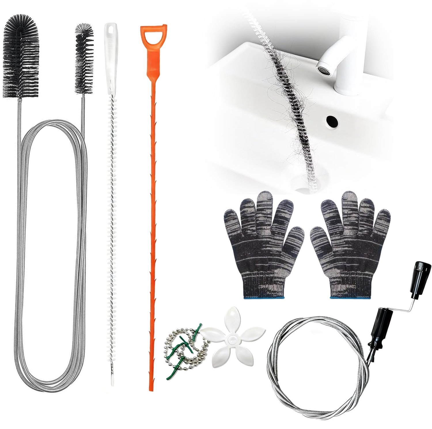 Set van 6 Afvoerreinigers, Spiraal en Reinigingshaak voor Keuken en Badkamer