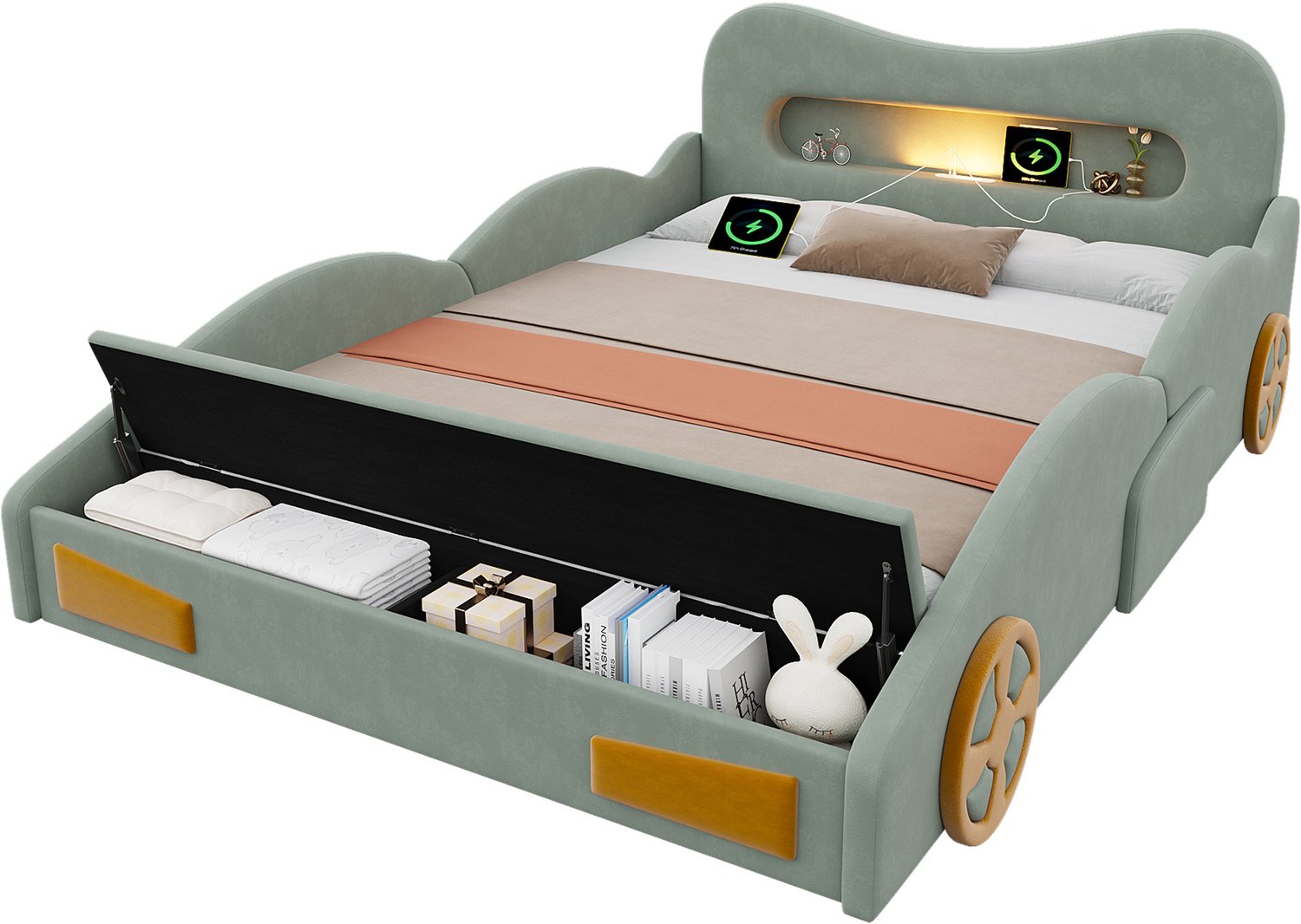 REDOM Kinderbed in autovorm 140x200 cm - Leeslamp, oplaadaansluiting en opbergruimte - Groen