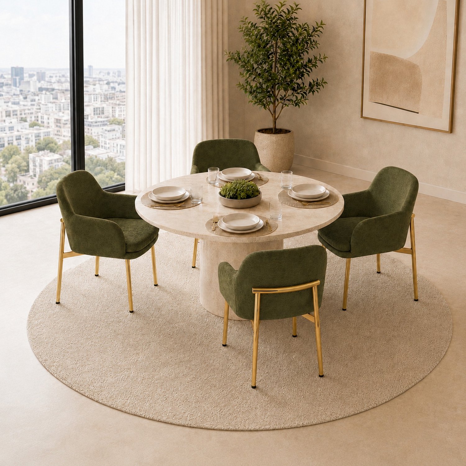 HAUSS SPOLE Eetkamerstoelen - Set van 4 - Gestoffeerde Kuipstoelen met Armleuningen en Verstelbare Voetjes - Voor Eetkamer en Keuken - Groen en Goud