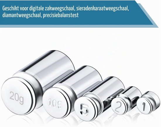 Kalibratiegewicht set 1g 2g 5g 10g 20g - stalen constructie - inclusief pincet - voor digitale weegschaal - ServiceTopper — afbeelding 2