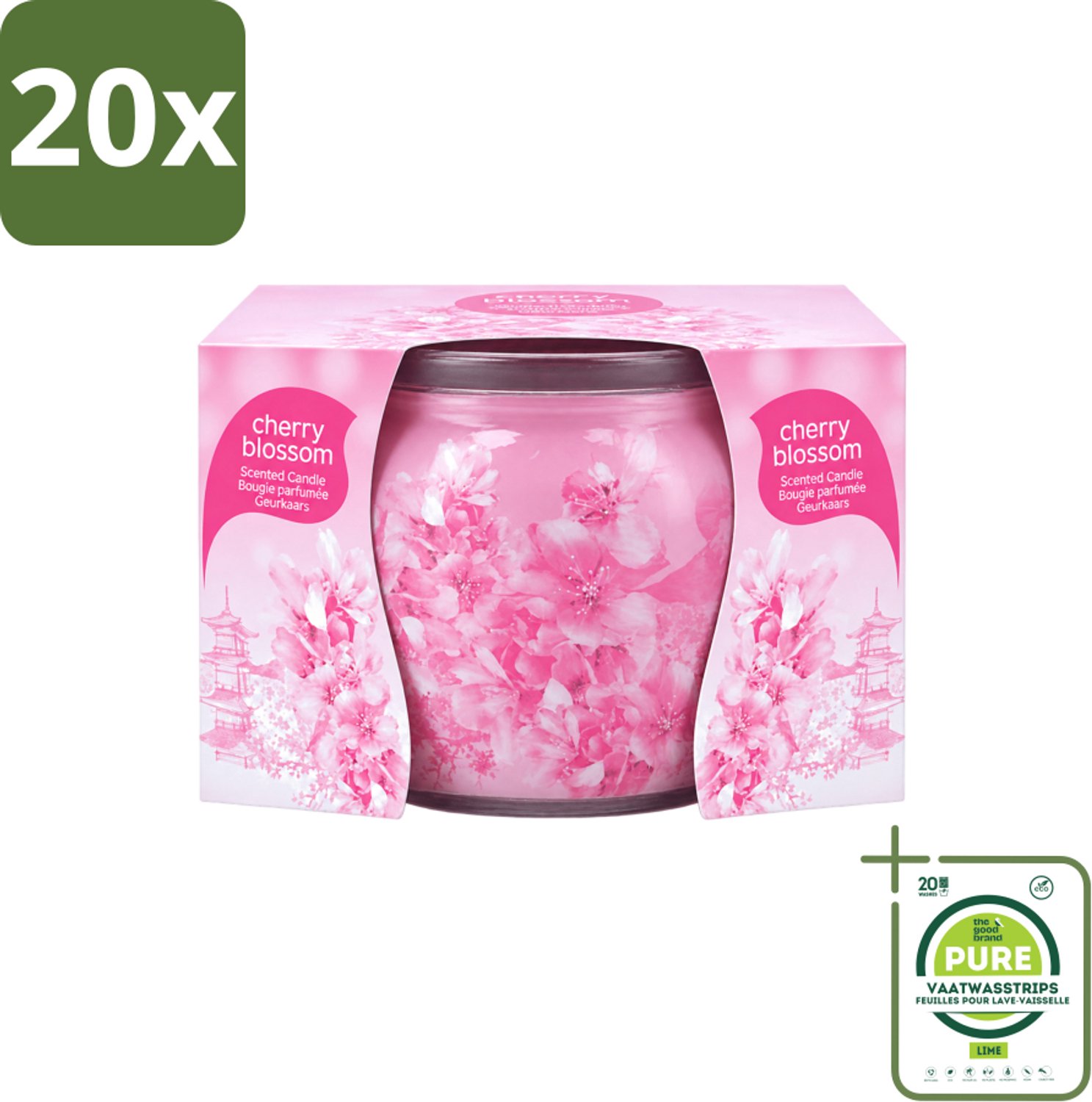 At Home 20 x At Home - Scents - Geurkaars - Cherry Blossom - 70 g - Grootverpakking - Vaatwasstrips - Geurkaars Cherry Blossom - Geur In Huis - Kersenbloesem Geur - Rustgevende Geur - Geur In Woonkamer Roze