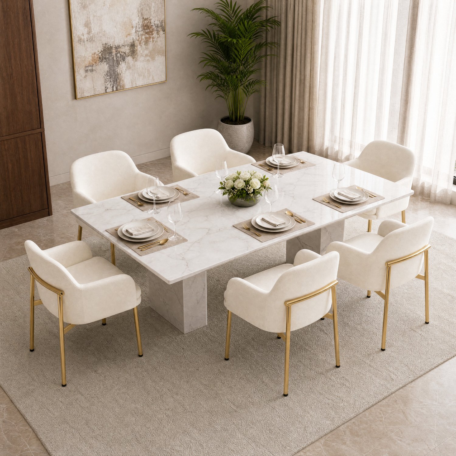 HAUSS SPOLE Eetkamerstoelen - Set van 6 - Met Armleuningen en Verstelbare Voetjes - Voor Eetkamer en Keuken - Polyester en Metaal - Wit