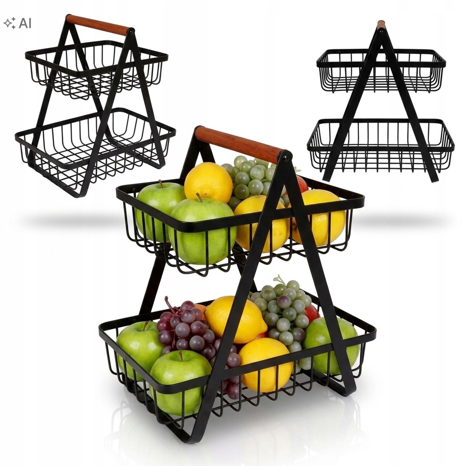 2-laags metalen fruitmand, zwart, industrieel design