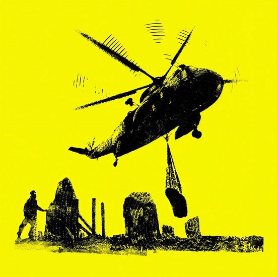 Illustration noire sur fond jaune vif montrant un hélicoptère transportant une charge au-dessus d'une personne et de pierres.