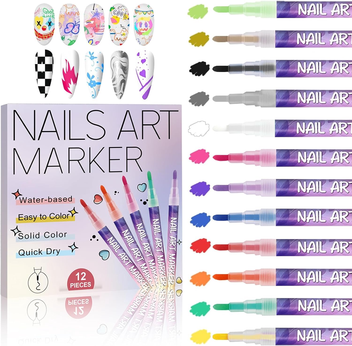 Nagelkunstpennen, set met 12 kleuren, 0,5 mm, nagelkunstgereedschap voor graffiti, stippen, tekenen, schilderen - ShopVlot