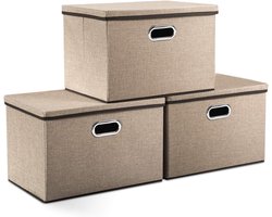 SnelShoppen - PRANDOM Opbergdozen met Deksel - Vouwbare Decoratieve Opbergboxen van Linnen - Organizer Voorzien van Handvatten - Khaki (3 stuks) 43x30