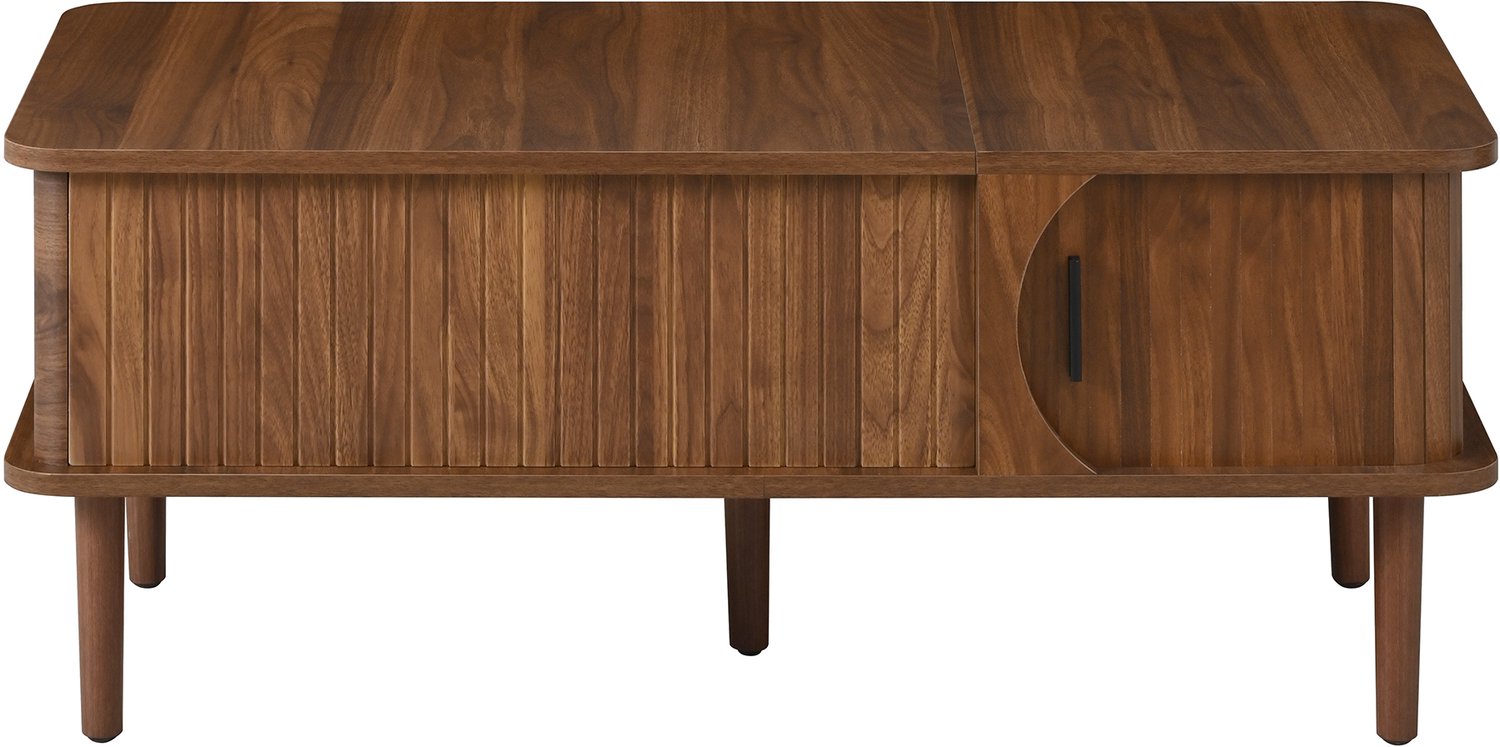 SONNENH Lift-up salontafel met geribde schuifdeur en houten poten - MDF - 100 x 48 cm - Walnootlook