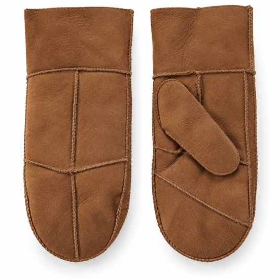 Bruine suède wanten met zichtbare stiksels, getoond met de handpalm naar boven en onder.
