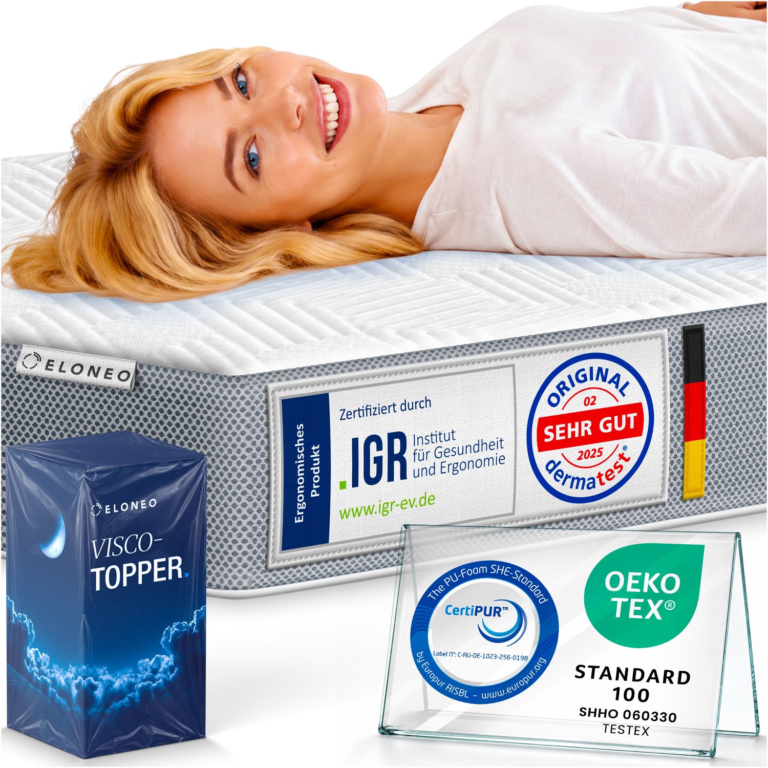 ELONEO Visco Topper 80x190 cm – 8 cm Hoog – Traagschuim Matras Topper met Hoeklussen en ademende Nethoes Grijs
