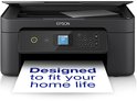 Zwarte Epson-printer met een ingebouwd display en een blad papier met de tekst 'Designed to fit your home life'.
